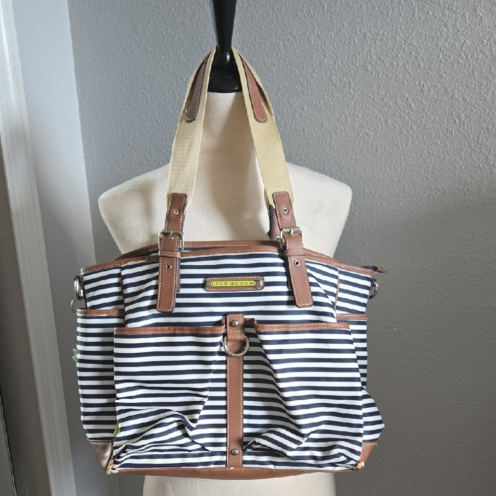 Lily Bloom Navy and White Striped Tote with Vinyl Trim